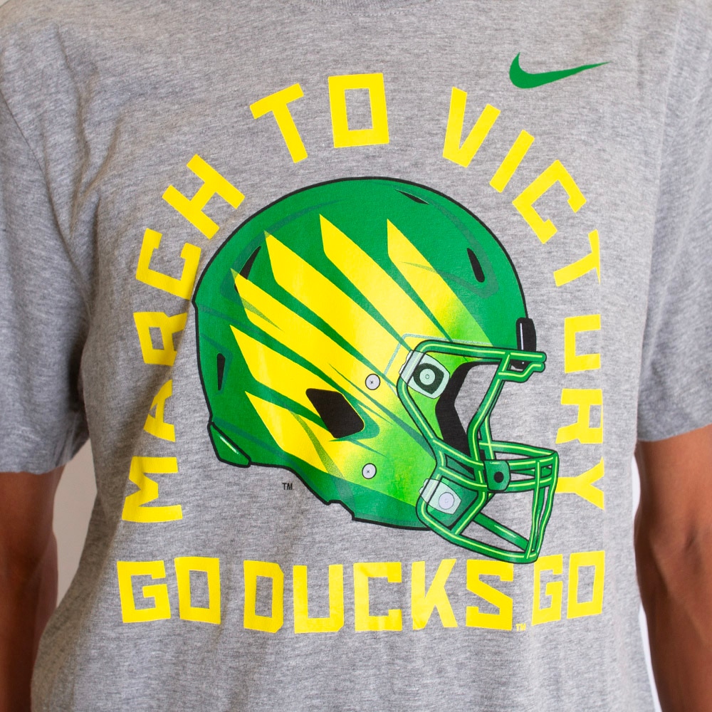 Go Ducks, Nike, Grey, Crew Neck, Cotton Blend, Men, Hyper Collection, Mighty Oregon, Helmet design, T-Shirt, 798796